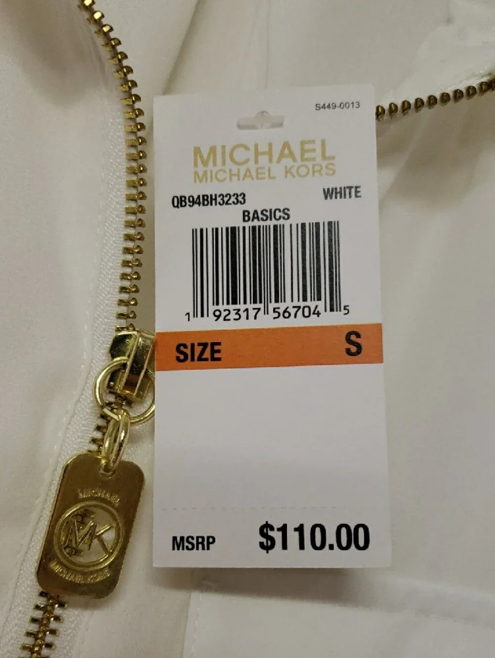 NWT Michael Kors White Blouse with Gold Zip and Logo Pull